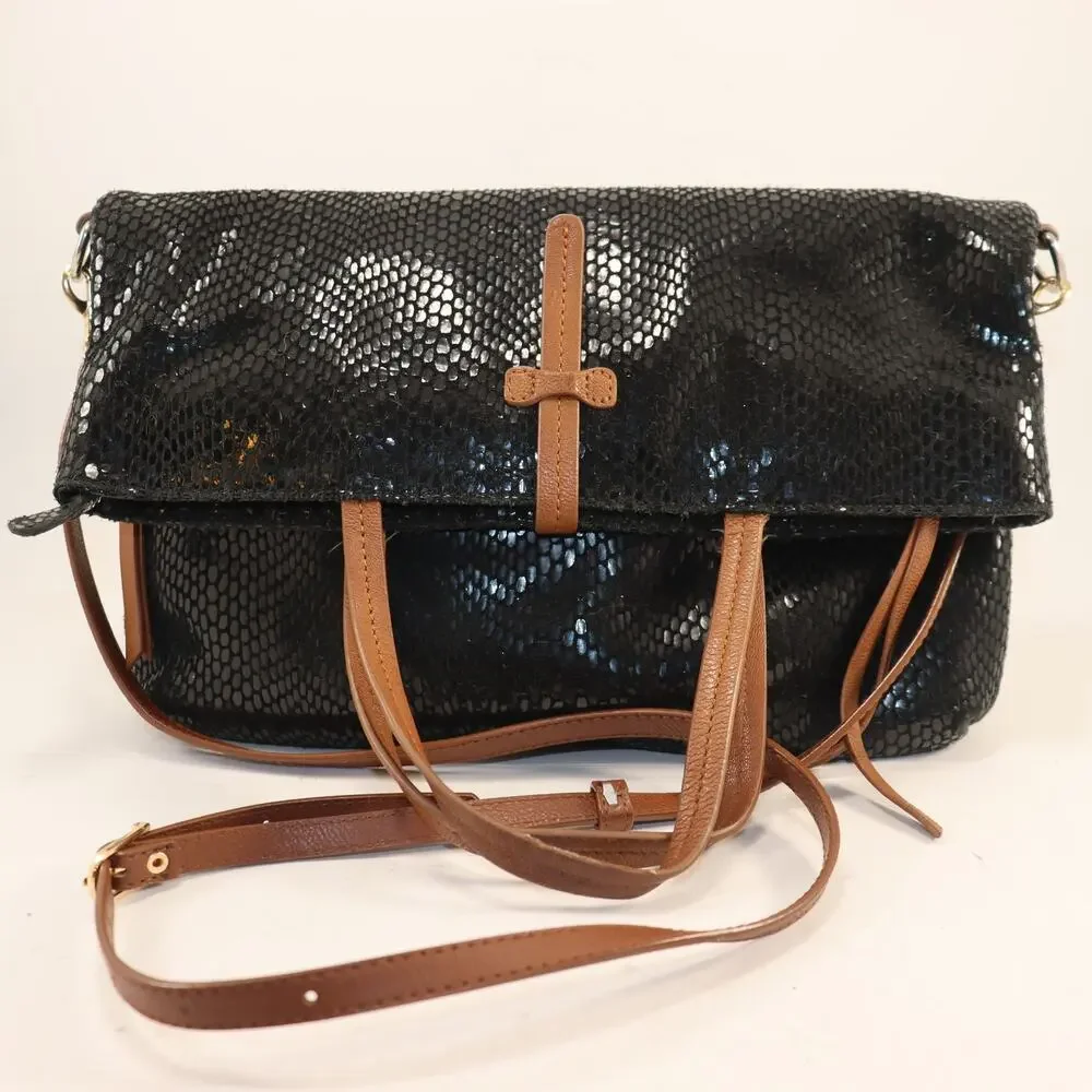 Sorial Black Snake Print Convertible Tote Crossbody Brown Leather Trim - Picture 1 of 9